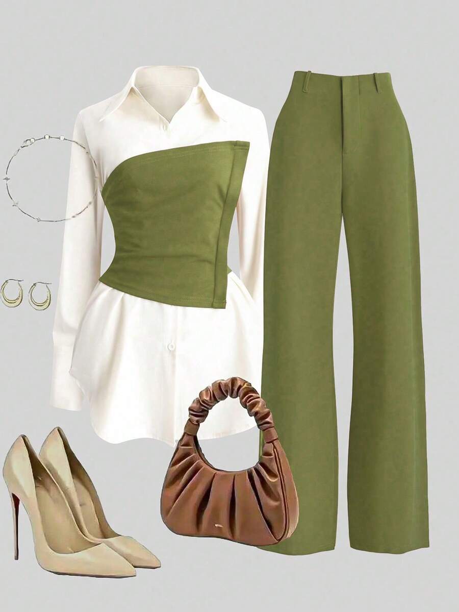 Franclia 2pcs Set: Waist Cinched Shirt & Wide Leg Pants, Slimming Design, Lapel Collar - Green - View 1