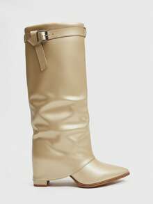 Daringsoles Giày bốt cao gót qua gối thời trang thiết kế khóa cài dành cho nữ, phù hợp để mặc hàng ngày - Vàng - Xem 8