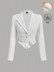 SHEIN MOD 领长袖提花收腰西装外套、秋季婚礼西装外套、派对西装外套、复古风格、优雅纽扣西装外套、正式西装外套、商务休闲女装、巡航女装、90 年代服装、返校节、办公室女装西装外套 - 白色 - 查看 1