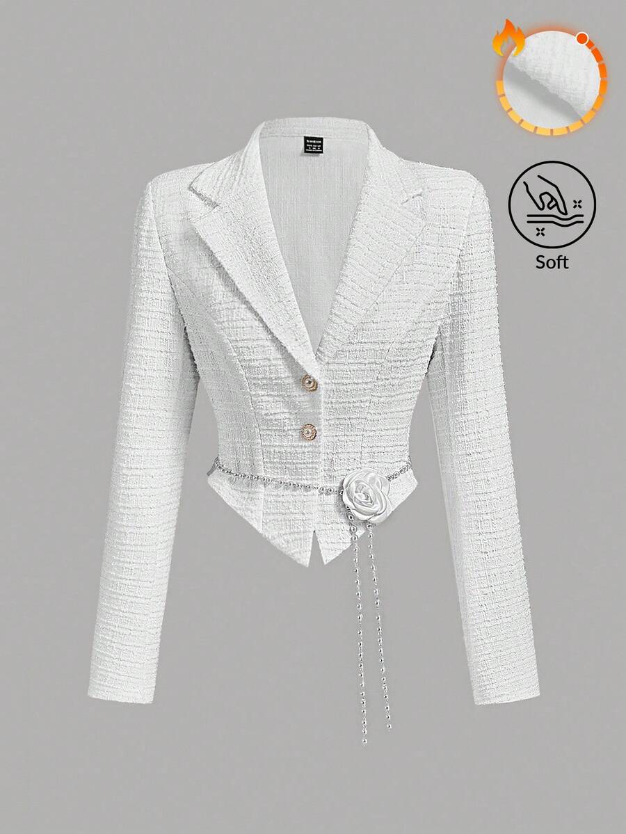 SHEIN MOD 领长袖提花收腰西装外套、秋季婚礼西装外套、派对西装外套、复古风格、优雅纽扣西装外套、正式西装外套、商务休闲女装、巡航女装、90 年代服装、返校节、办公室女装西装外套 - 白色 - 查看 1