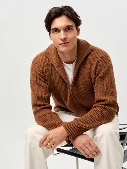 RONVEXI 男士纯色简约日常拉链长袖针织开衫，秋冬款