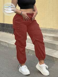 POPSWAY Pantalones cargo de talla grande de unicolor casual con cordón y múltiples bolsillos - Rojo - Ver 5