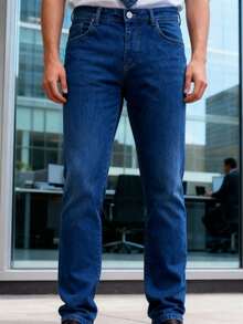 Nuevo 2025, ropa masculina de alta calidad, azul, azul claro, azul oscuro, pantalones vaqueros de cintura media y recta, tejidos pesados para viajes de Negocios diarios, primavera, otoño e invierno, reuniones de negocios, necesidad de vestuario - Azul medio - Ver 7