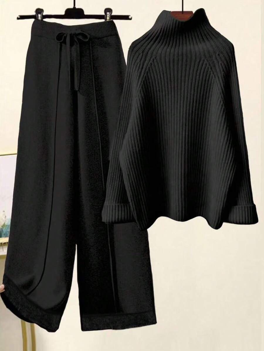 Chiquease 2 件杏色女式针织毛衣套装，罗纹奶油色套头衫和裤子休闲简约装 - 黑色 - 查看 1