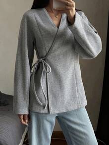 Livesso 女士羊毛束腰休闲连衣裙，适合通勤，秋冬季女式外套 - 灰色 - 查看 1