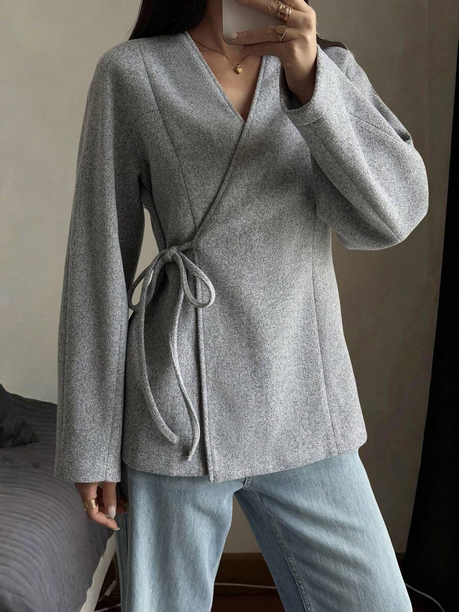 Livesso 女士羊毛束腰休闲连衣裙，适合通勤，秋冬季女式外套 - 灰色 - 查看 1