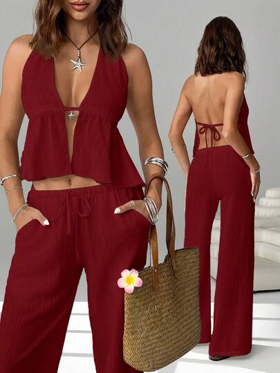 SHEIN EZwear Women's Chiffon Halter Backless 2 Pieces Vacation Casual Set Pant Suit Summer Sets Casual Two Piece Set Women Summer 2 Pieces Sets Women Two Piece Vacation Set Comfortable Two Piece Set 2 Piece Vacation Set Women