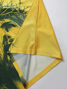 ROMWE MEN Prep Áo thun nam cổ tròn tay dài họa tiết chân dung phối màu đơn giản, mùa thu - Màu vàng - Xem 7