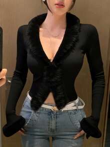 DAZY Áo khoác cardigan cổ chữ V có tua rua chắp vá cho nữ, mùa thu - màu đen - Xem 6