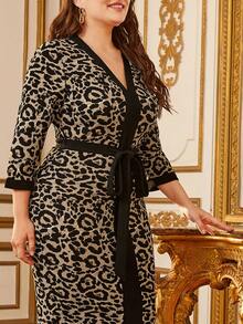 Mulvari Plus Contrast Trim Split Hem Self Belted Leopard Dress - Multicolor - View 3