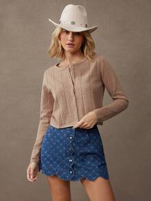 WESTFADE High Waist Scalloped Button Front Bow Jacquard Cotton Blend A Line Mini Denim Skirt Fall, Casual, Autumn, Winter, Boho, Cute, Western Wear, Country Concert, NYE, New Years Eve, Christmas, Holiday - Medium Wash - View 4