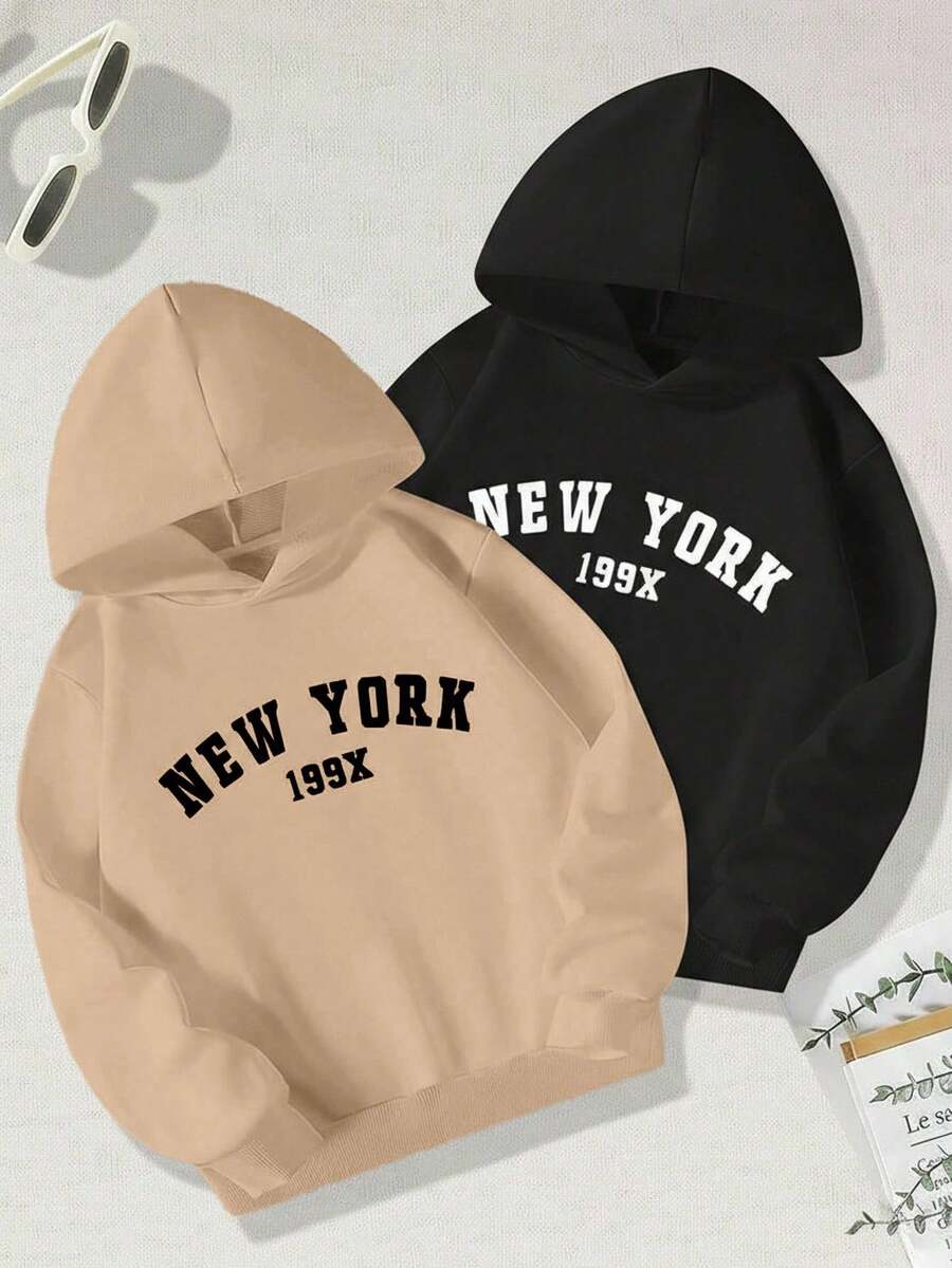 Hoodie mujer estampada sudadera gorro capucha puños acanalados calientita cómoda diario gráfico al frente ciudad New York Nueva York números 199x urbana - Beis y Negro - Ver 1