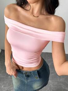 Sweetra Women's Summer Slim Fit Ruched Off Shoulder T-Shirt, Solid Color Y2K