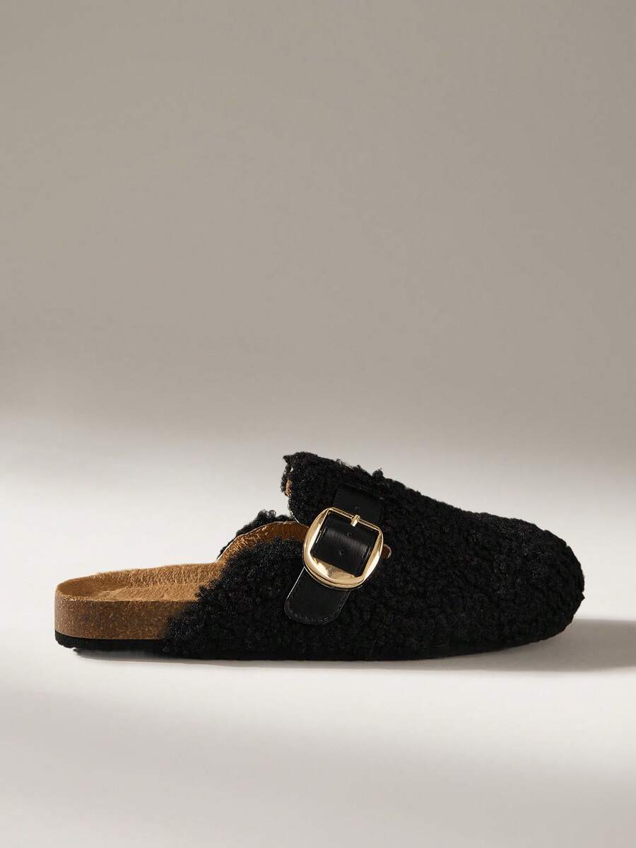 Solecia Women's Flat Slip-On Casual Shoes, Plush Fashion Versatile Comfortable Half-Covered Mules, Champagne Color Metal Buckle, Autumn/Winter For Christmas - Black - View 1