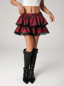 SHEIN ICON Women's Halloween Plaid Double-Layer Ruffle Lace Trim Mini Skirt - Multicolor - View 1