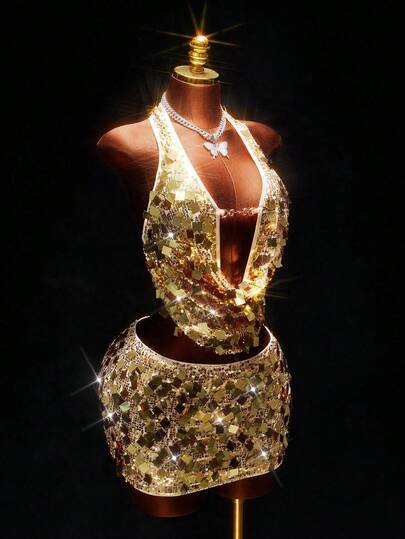 Amplova Gold New Year & Valentine's Day Sexy Low-Cut Sequin Crop Top And Mini Skirt 2 Pieces Set For Women Gold Clothes