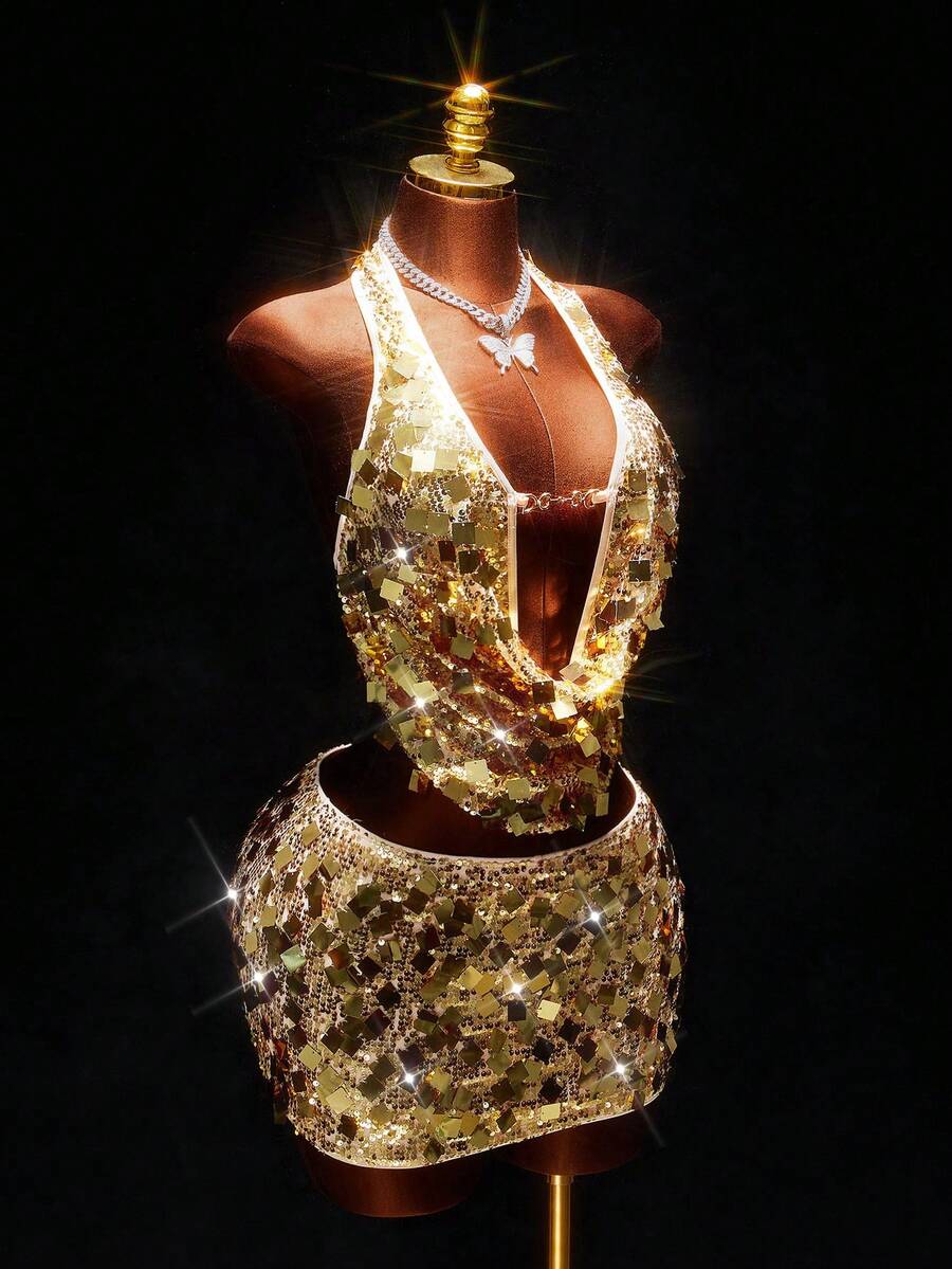 Amplova 金色新年及情人节性感低胸亮片露脐上衣和迷你裙两件套女装 - 金色 - 查看 1