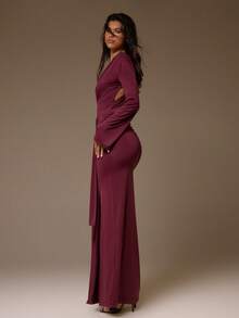 MUSERA 深V领垂褶开衩细节系带长袖连衣裙，适合秋季、夜晚外出、优雅性感派对场合、春夏季度假、毕业典礼等场合。 - Bold Plum - 查看 3