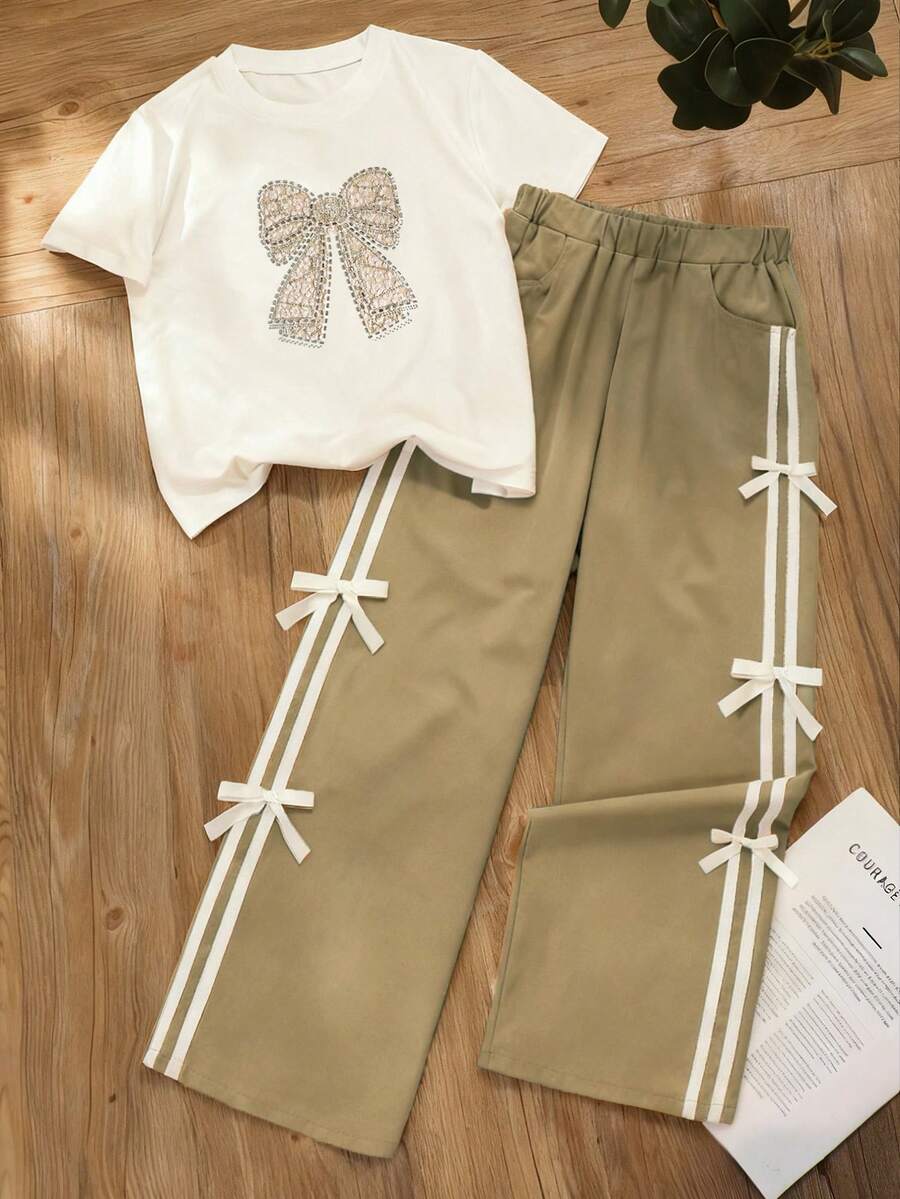 Conjunto de 2 piezas de top con lazo de strass y pantalones con lazo a rayas para niñas, moda callejera - Caqui - Ver 1