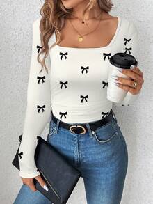 SHEIN LUNE 休闲复古通勤百搭保暖印花图案T恤，黑白领结印花，舒适保暖，女士长袖T恤，适合秋冬季作为内搭穿着。 - 彩色 - 查看 5