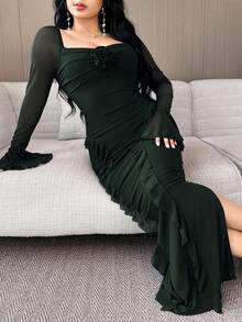 Feyla 女士优雅花卉荷叶边喇叭袖连衣裙，秋季 - 墨綠色 - 查看 4