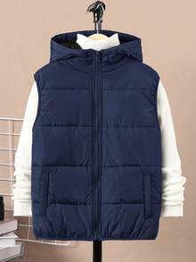 SHEIN Tween Boy Casual Hooded Padded Cotton Thick Woven Vest - Navy Blue - View 7