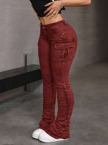 SHEIN ICON 女士休闲褶裥口袋牛仔裤 - 酒紅色 - 查看 4