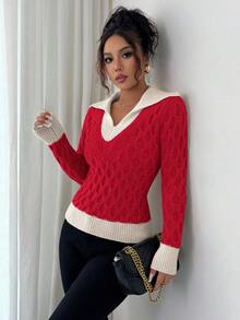 Elenzga Women's Autumn/Winter New V-Neck Patchwork 2 In 1 Fashionable Design Elegant Daily Commute Fitted Patterned Pullover Sweater - Red - View 3
