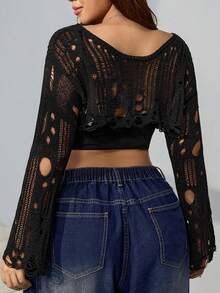 SHEIN EZwear Plus Size Solid Color Cutout Shoulder Long Sleeve Hollow Out Knit Fashionable Cropped Pullover Sweater - Black - View 2