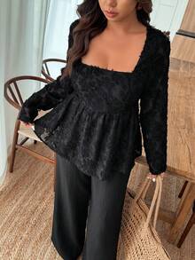 Breezaya 2pcs Plus Size Square Collar Ruffle Hem Top & Linen Fabric Pants Set, Autumn/Winter Fall - Black - View 4