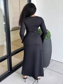Alexandranx 纯色合身喇叭袖口长袖优雅连衣裙 - 黑色 - 查看 2