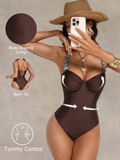 Shapewave Women's One-Piece Brown Shiny Fabric & Green Gemstone Beaded Splice Slimming Tummy Control Backless Swimsuit, Suitable For Party, Vacation, Beach