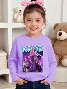Young Girls Casual Cute Cartoon K-Pop Anime Girl Print Purple Round Neck Long Sleeve T-Shirt, Suitable For Autumn/Winter Tops