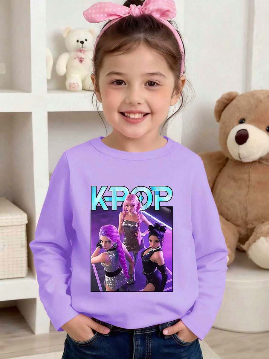 Young Girls Casual Cute Cartoon K-Pop Anime Girl Print Purple Round Neck Long Sleeve T-Shirt, Suitable For Autumn/Winter Tops