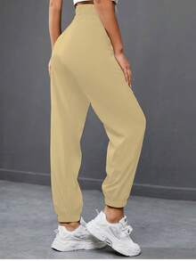 SHEIN Sports 纯色弹力腰带口袋休闲百搭慢跑裤 - 彩色 - 查看 2