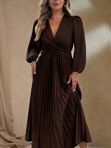 Roveilla 大码女式新款优雅扭结褶皱喇叭宽松派对及工作长袖连衣裙 - 咖啡棕 - 查看 5