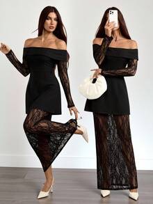 SHEIN Tall 新款优雅黑色蕾丝拼接连衣裙，性感蕾丝透视鸡尾酒会礼服，秋季婚礼宾客礼服 - 黑色 - 查看 3