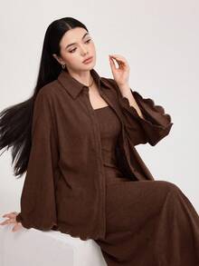 Veilorie 2 pièces Veste à simple boutonnage à manches longues de couleur unie et robe ample sans bretelles, ensemble 2 pièces automne pour femmes - Marron - Voir 1