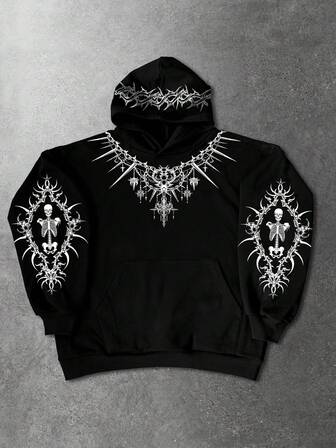 Goth Felpa con cappuccio casual a maniche lunghe con stampa, stile di strada da uomo
