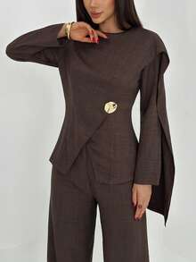 Aloruh Conjunto Elegante de 2 Peças Feminino com Top de Manga Longa e Calça com Bainha Dividida, Cor Sólida Marrom Chocolate, para Escritório e Outono - Castanho - Visão 2