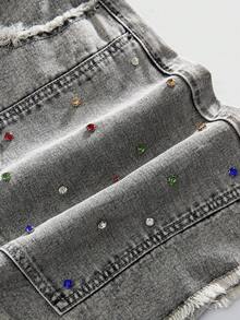 ROMWE MEN Street Life 男士宽松牛仔短裤，配有松紧腰带和水钻装饰 - 淺灰色 - 查看 5