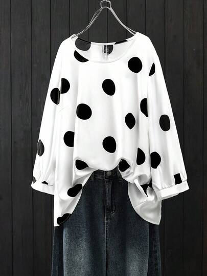 Linhara Blusa de manga larga de cuello redondo, estilo casual y holgado, elegante para ir al trabajo y de vacaciones, tela versátil y cómoda, negro y blanco, talla grande, primavera/verano/otoño