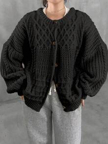 FRIFUL Áo khoác cardigan dệt kim dáng rộng tay dài trễ vai màu trơn, đơn hàng khuy, thu/đông cho nữ - màu đen - Xem 6