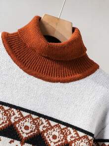 男士菱格纹高领圣诞假日毛衣，费尔岛图案长袖套头衫，棕色学院风圣诞假日针织衫 - 駝色 - 查看 5