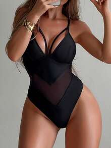 Swim SXY Traje de baño de una pieza con escote en V de unicolor y sexy, adecuado para la playa y el resort, primavera/verano - Negro - Ver 6