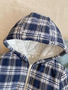 PrepCrw 1pc Boys' Elegant School Style Casual Urban Blue & White Plaid Hooded Long Sleeve Cotton Jacket, Suitable For Outings, Gatherings, Back To School, Winter,Fall Clothes For Kids ,Winterclothes For Kids,Holiday