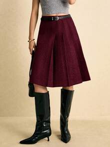 Poéselle 女士复古纯色百褶A字裙，休闲学院风 - 酒紅色 - 查看 7