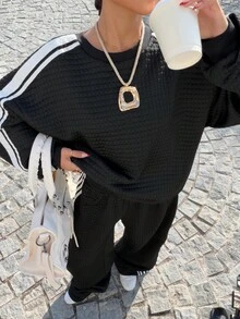 SHEIN EZwear 女士撞色圆领长袖上衣和裤子运动休闲套装 - 黑色 - 查看 5