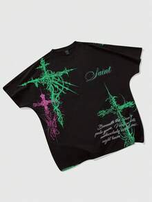 ROMWE MEN Goth Kaos Pria Lengan Kelelawar Kasual Musim Semi/Panas dengan Motif Grafis, Cocok untuk Dipakai Sehari-hari di Musim Semi/Panas - Hitam - View 6