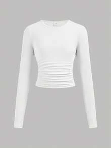 SHEIN Girlism 3pcs/Set Tween Girls' Fitted Casual Solid Color Round Neck Ruched Long Sleeve T-Shirt - Baby Pink - View 8